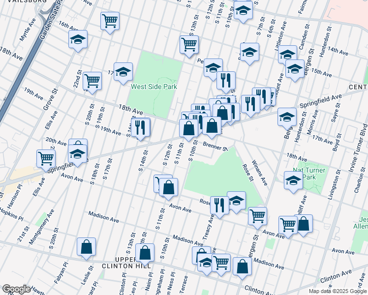 map of restaurants, bars, coffee shops, grocery stores, and more near 638 South 11th Street in Newark