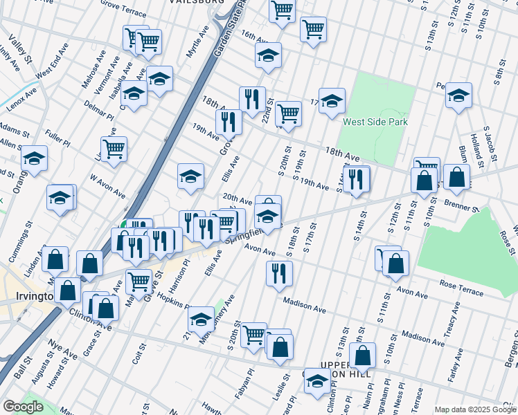 map of restaurants, bars, coffee shops, grocery stores, and more near 10 20th Avenue in Irvington