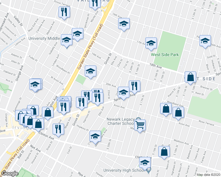 map of restaurants, bars, coffee shops, grocery stores, and more near 35 20th Avenue in Irvington