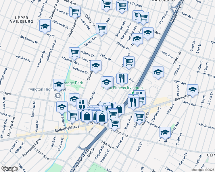 map of restaurants, bars, coffee shops, grocery stores, and more near 16 Ruth Street in Irvington