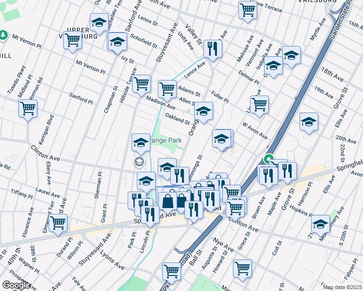 map of restaurants, bars, coffee shops, grocery stores, and more near 141 Orange Avenue in Irvington
