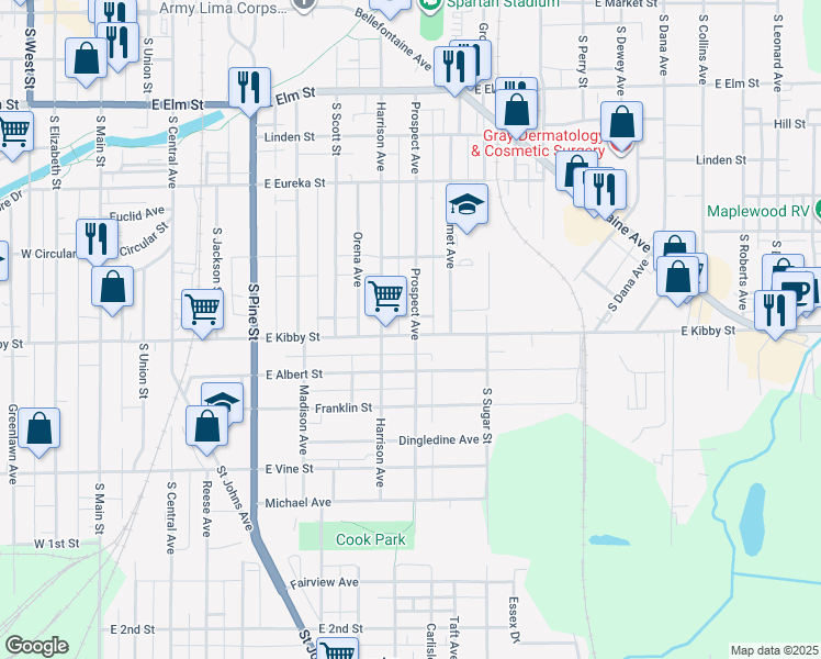 map of restaurants, bars, coffee shops, grocery stores, and more near 656 Prospect Avenue in Lima