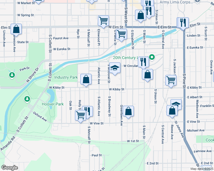 map of restaurants, bars, coffee shops, grocery stores, and more near 515 Ontario Street in Lima