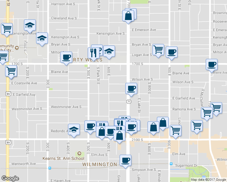 map of restaurants, bars, coffee shops, grocery stores, and more near 617 Downington Avenue South in Salt Lake City