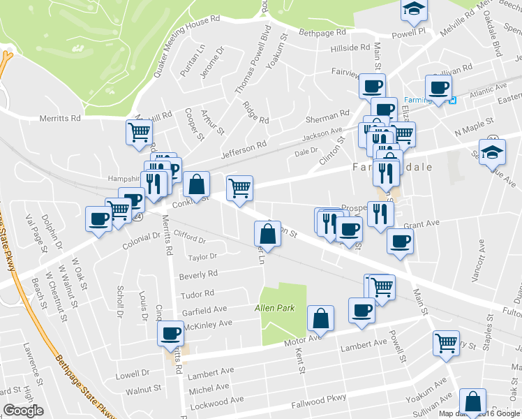 map of restaurants, bars, coffee shops, grocery stores, and more near 375 Fulton Street in Farmingdale