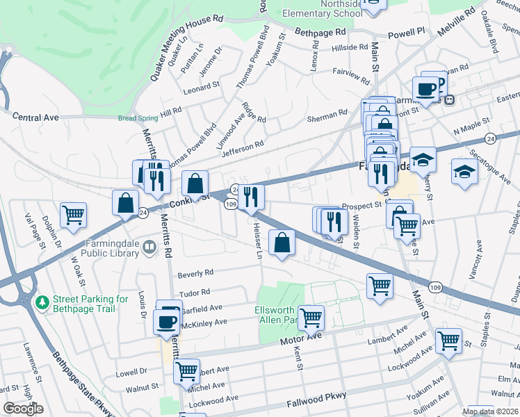 map of restaurants, bars, coffee shops, grocery stores, and more near 375 Fulton Street in Farmingdale