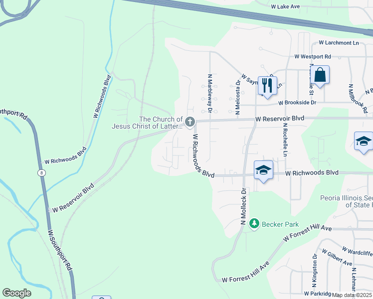 map of restaurants, bars, coffee shops, grocery stores, and more near 3558 West Richwoods Boulevard in Peoria