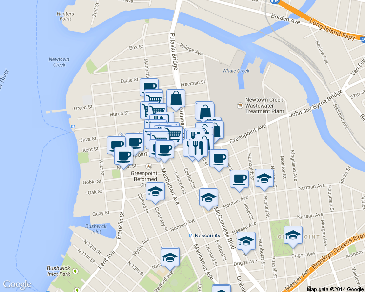 map of restaurants, bars, coffee shops, grocery stores, and more near 189 Greenpoint Avenue in Brooklyn