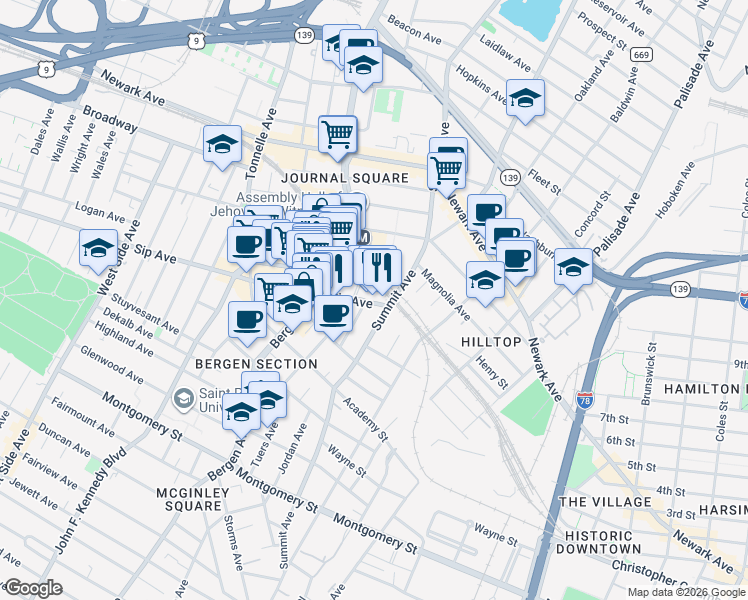 map of restaurants, bars, coffee shops, grocery stores, and more near 60 Sip Avenue in Jersey City