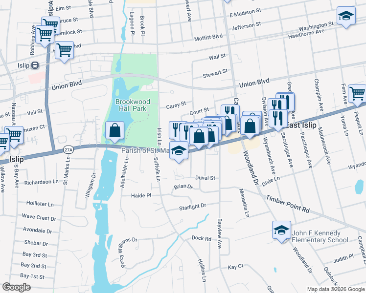 map of restaurants, bars, coffee shops, grocery stores, and more near 5 Somerset Avenue in East Islip