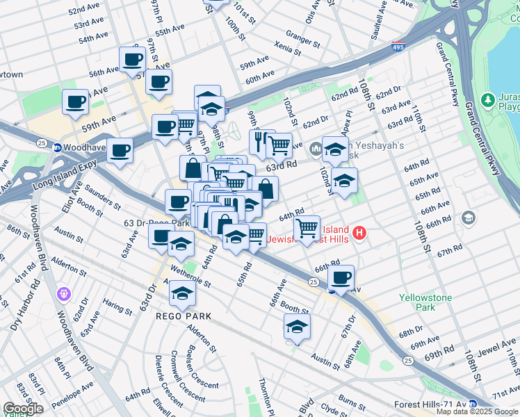 map of restaurants, bars, coffee shops, grocery stores, and more near 98-02 63rd Drive in Queens