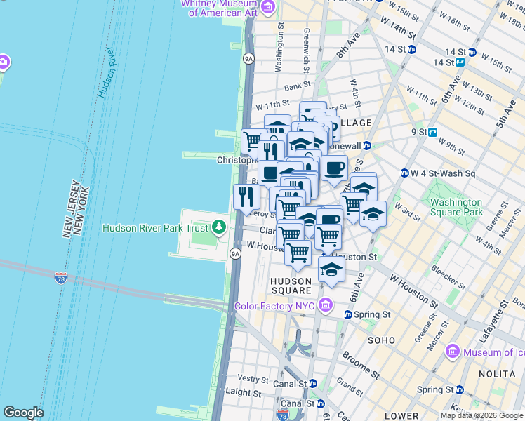 map of restaurants, bars, coffee shops, grocery stores, and more near 600 Washington Street in New York