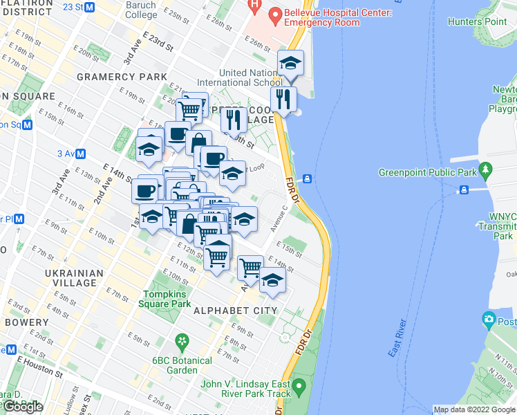 map of restaurants, bars, coffee shops, grocery stores, and more near Avenue C Loop & Stuyvesant Walk in New York
