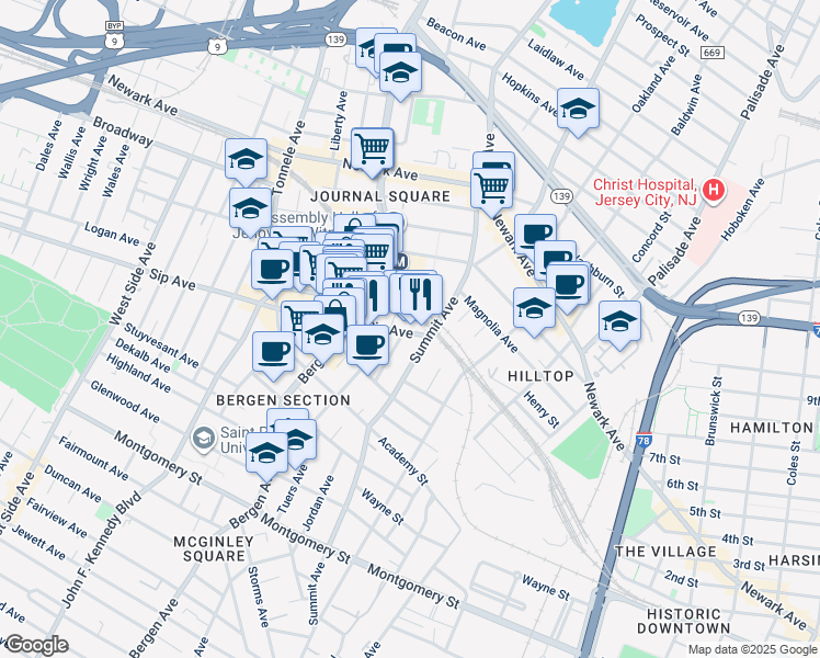 map of restaurants, bars, coffee shops, grocery stores, and more near 72 Sip Avenue in Jersey City
