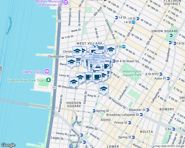 map of restaurants, bars, coffee shops, grocery stores, and more near 48 Bedford Street in New York