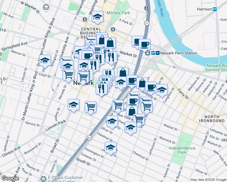 map of restaurants, bars, coffee shops, grocery stores, and more near 65 Columbia Street in Newark