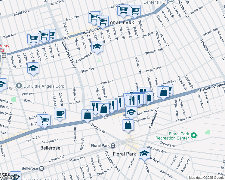 map of restaurants, bars, coffee shops, grocery stores, and more near 87-31 259th Street in Queens