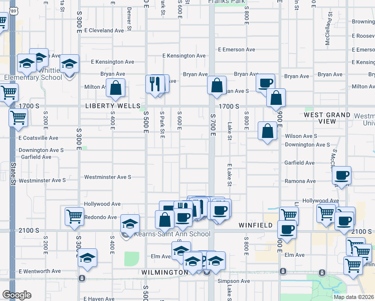 map of restaurants, bars, coffee shops, grocery stores, and more near 617 Downington Avenue South in Salt Lake City