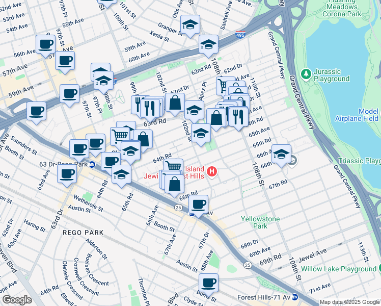 map of restaurants, bars, coffee shops, grocery stores, and more near 99-55 64th Road in Queens
