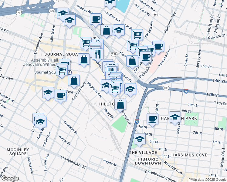 map of restaurants, bars, coffee shops, grocery stores, and more near in Jersey City