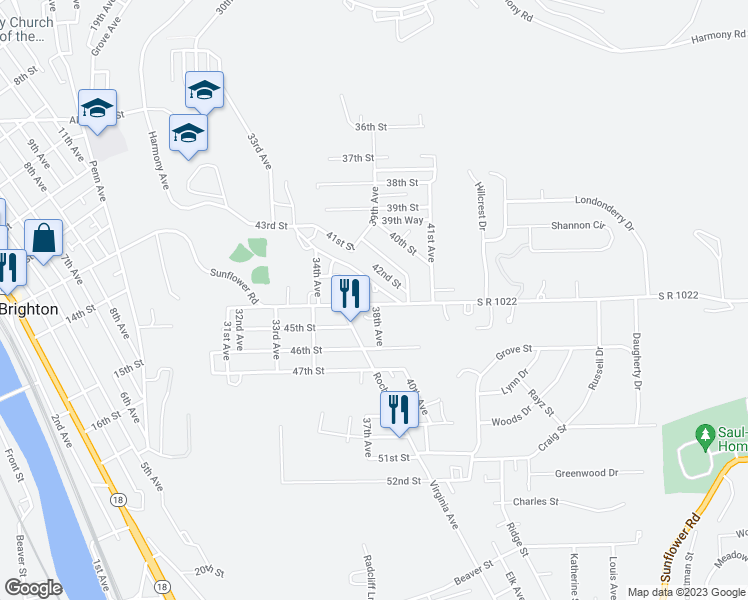 map of restaurants, bars, coffee shops, grocery stores, and more near 3707 Sunflower Road in New Brighton