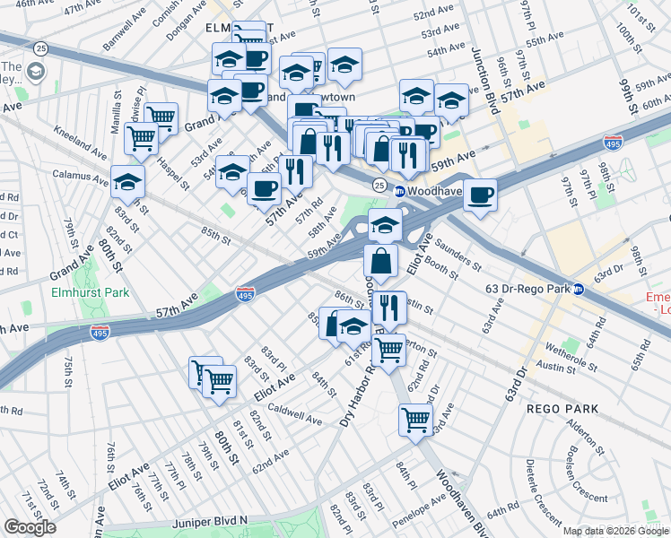 map of restaurants, bars, coffee shops, grocery stores, and more near 86-16 60th Avenue in Queens