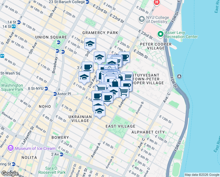 map of restaurants, bars, coffee shops, grocery stores, and more near 1st Avenue & E 13th St in New York