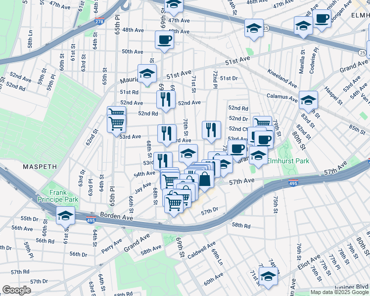 map of restaurants, bars, coffee shops, grocery stores, and more near 70th Street in Queens