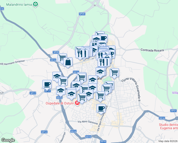map of restaurants, bars, coffee shops, grocery stores, and more near 72 Via Giacomo Leopardi in Ostuni