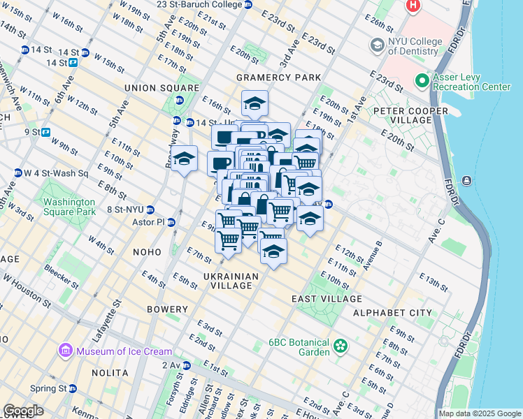 map of restaurants, bars, coffee shops, grocery stores, and more near 189 2nd Avenue in New York