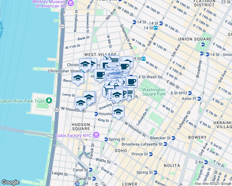 map of restaurants, bars, coffee shops, grocery stores, and more near 249 Bleecker Street in New York