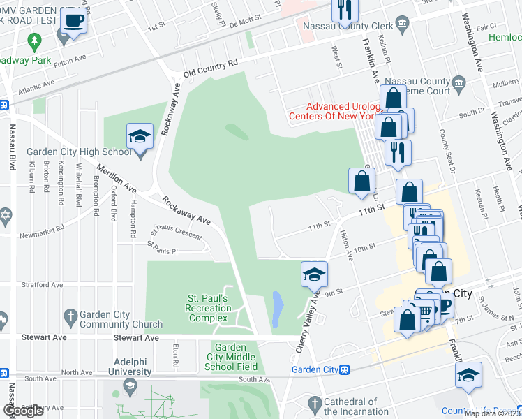 map of restaurants, bars, coffee shops, grocery stores, and more near 16 Carteret Place in Garden City