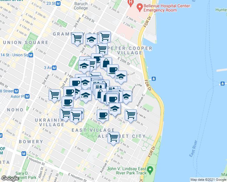 map of restaurants, bars, coffee shops, grocery stores, and more near 523 East 14th Street in New York