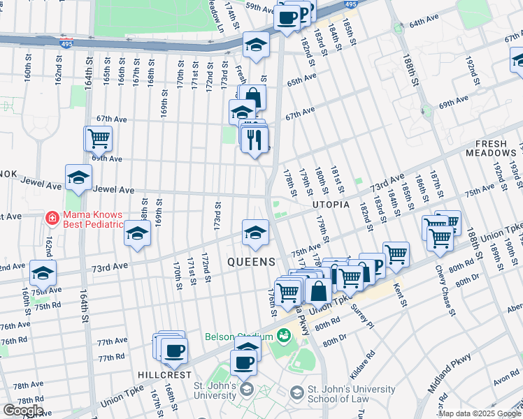map of restaurants, bars, coffee shops, grocery stores, and more near in Queens