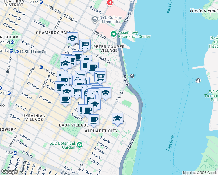 map of restaurants, bars, coffee shops, grocery stores, and more near 10 Stuyvesant Oval in New York