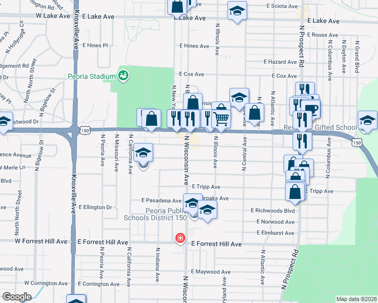 map of restaurants, bars, coffee shops, grocery stores, and more near 620 East Paris Avenue in Peoria