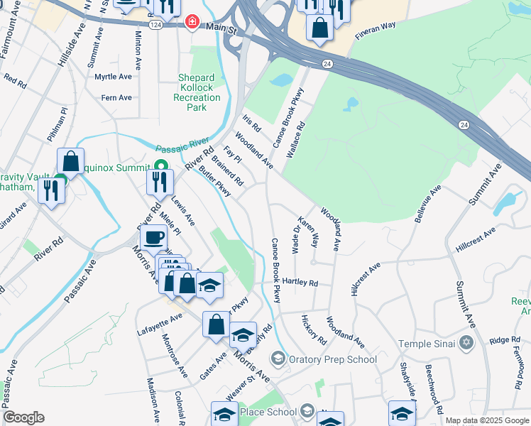 map of restaurants, bars, coffee shops, grocery stores, and more near 95 Canoe Brook Parkway in Summit