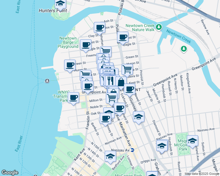 map of restaurants, bars, coffee shops, grocery stores, and more near 925 Manhattan Avenue in Brooklyn