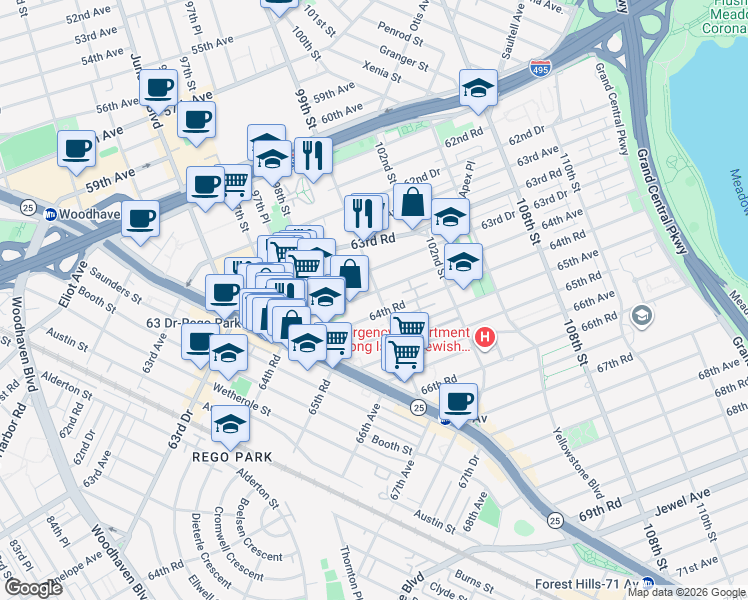 map of restaurants, bars, coffee shops, grocery stores, and more near 64-06 99th Street in Queens