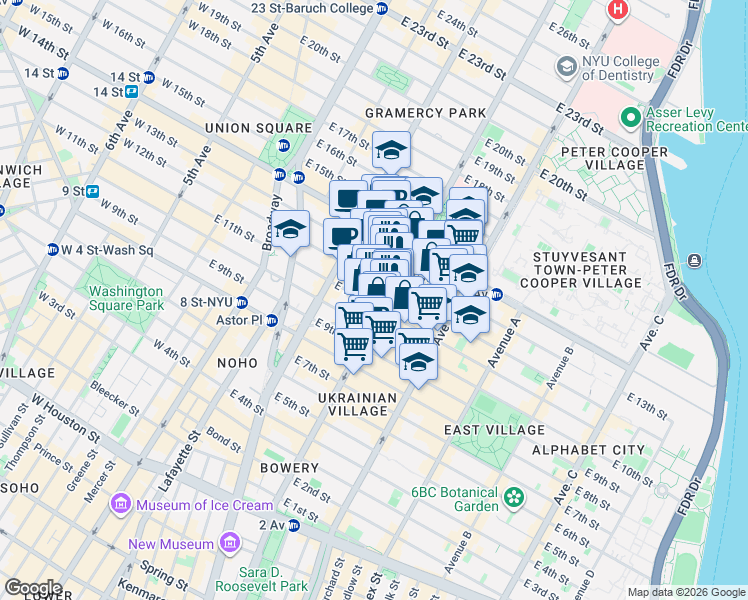 map of restaurants, bars, coffee shops, grocery stores, and more near 245 East 11th Street in New York
