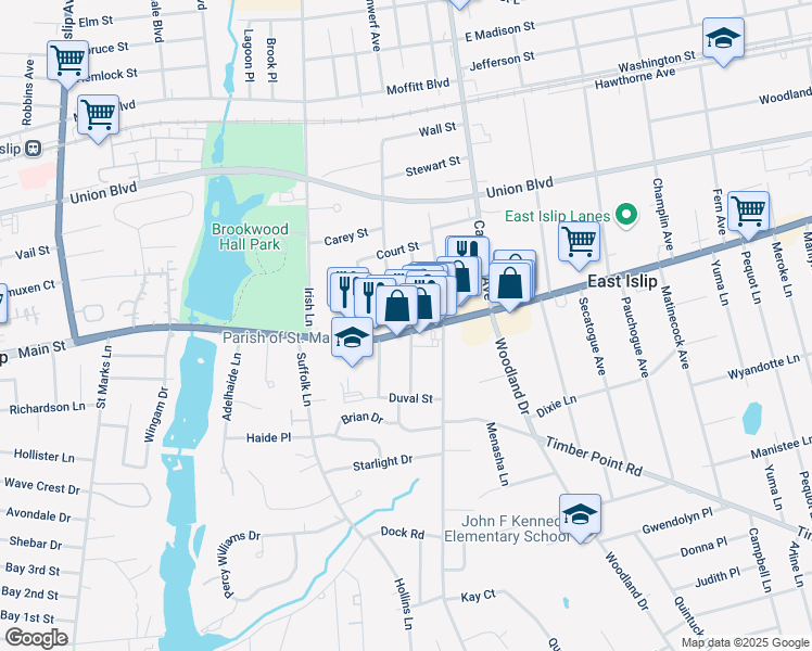 map of restaurants, bars, coffee shops, grocery stores, and more near 67 West Main Street in East Islip