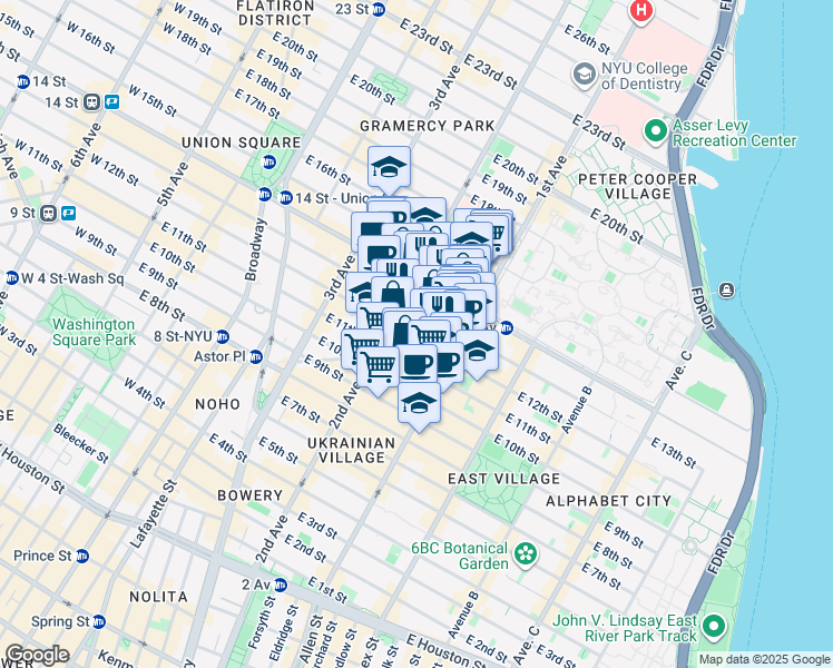 map of restaurants, bars, coffee shops, grocery stores, and more near 324 East 13th Street in New York