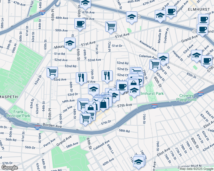 map of restaurants, bars, coffee shops, grocery stores, and more near 53-08 72nd Place in Queens