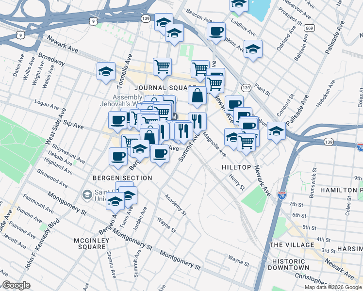 map of restaurants, bars, coffee shops, grocery stores, and more near 58 Sip Avenue in Jersey City