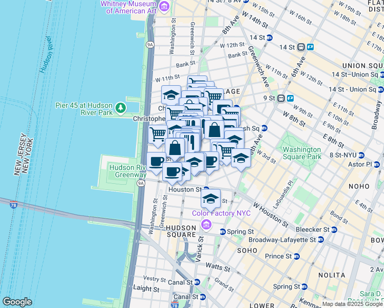 map of restaurants, bars, coffee shops, grocery stores, and more near in New York
