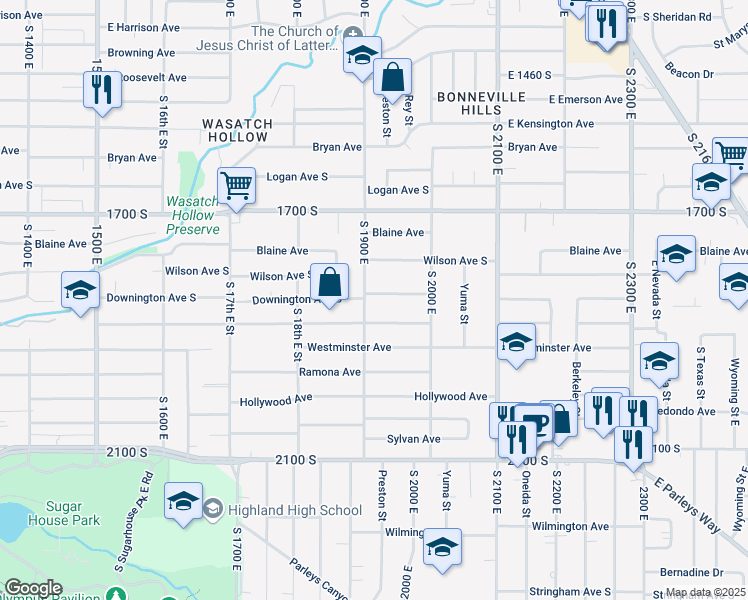 map of restaurants, bars, coffee shops, grocery stores, and more near 1933 Downington Avenue South in Salt Lake City