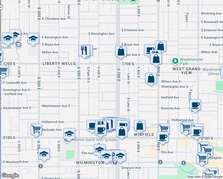 map of restaurants, bars, coffee shops, grocery stores, and more near 1810 700 East in Salt Lake City
