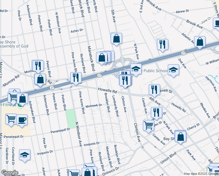 map of restaurants, bars, coffee shops, grocery stores, and more near 105 Howells Road in Bay Shore