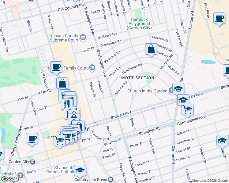 map of restaurants, bars, coffee shops, grocery stores, and more near 15 Osborne Road in Garden City