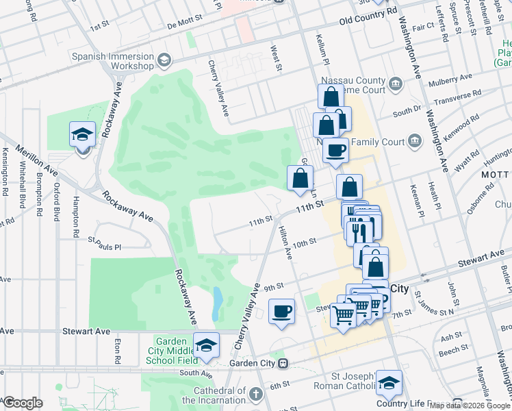 map of restaurants, bars, coffee shops, grocery stores, and more near 142 Cherry Valley Avenue in Garden City
